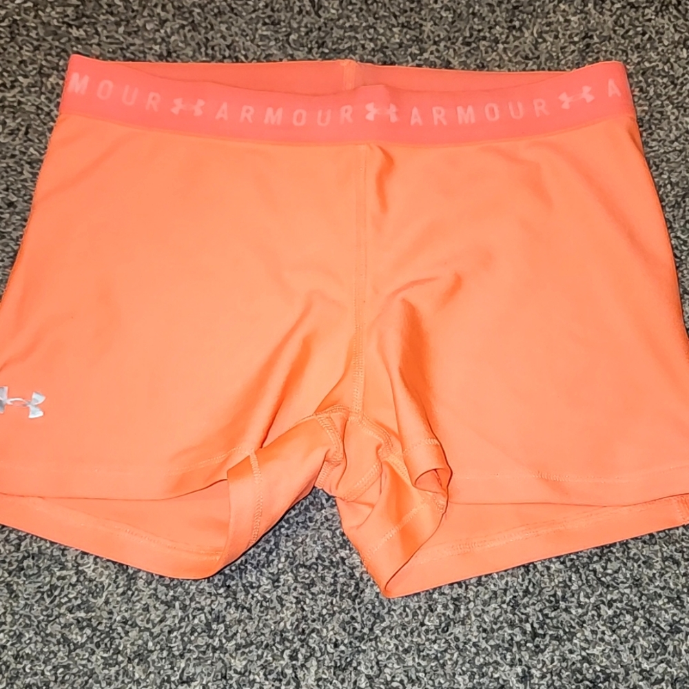 Under Armour coral orange compression shorts size M inseam 3 in waist flat 13 in